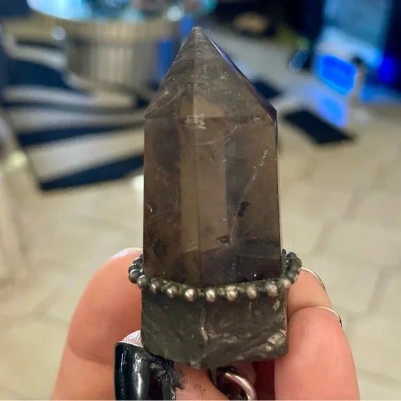 Handmade big raw black Smokey crystal quartz maille silver boho goth necklace - Picture 10 of 16